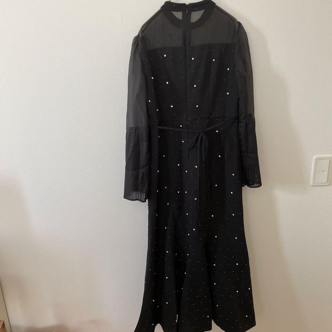 Leja パールビジュー付き透け感プリーツフレアスリーブビーズマーメイドドレス