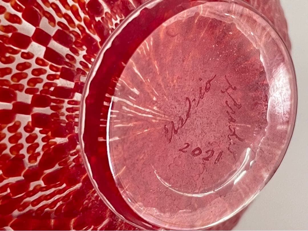 ガラス作家　江波冨士子　茜小紋　盃　酒器　硝子盃　小西潮　sake cup