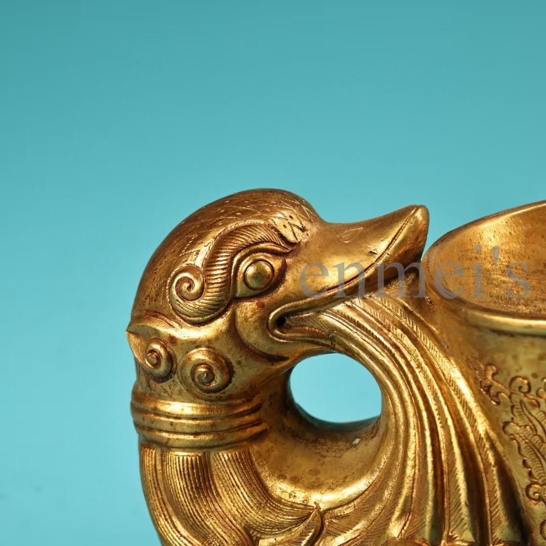 中国古美術・旧蔵純銅製・鎏金鳳凰酒杯一対・ワイングラス・高浮彫・錾刻・酒具・置物