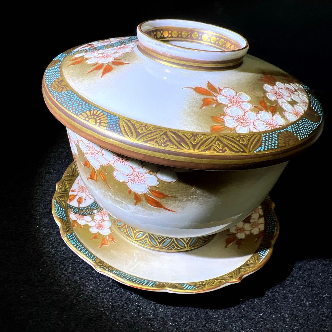 九谷　吉田製　極上手　茶托付蓋茶碗4客　東Y7-1203☆2F