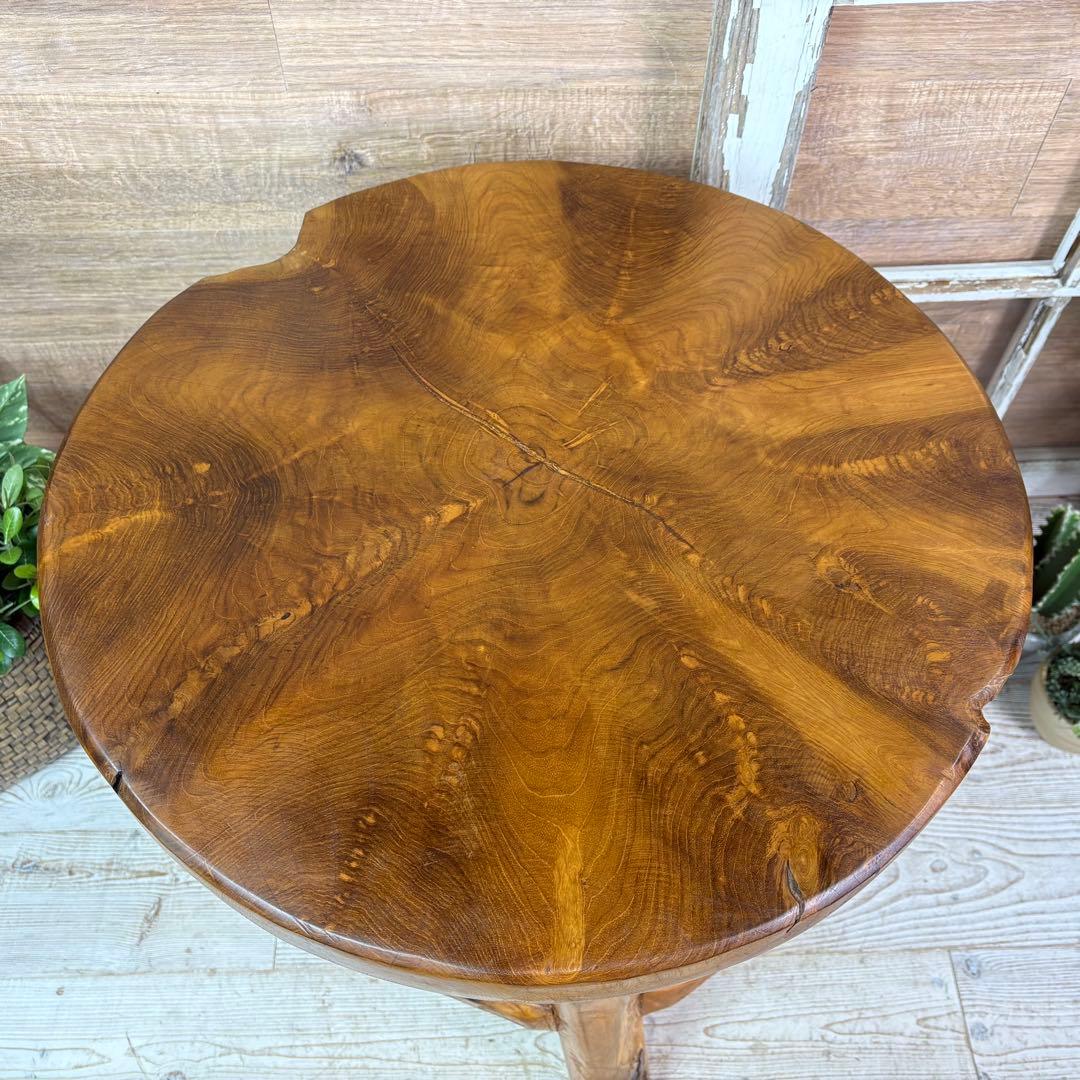 オールドチーク天然無垢材木製創作極太サイドテーブル L（直径55㎝）ウッド飾り台