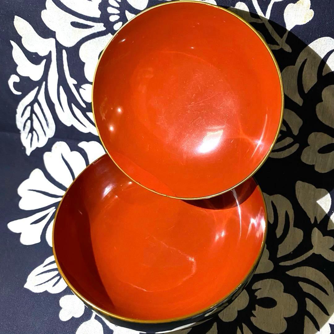 時代物骨董　大正以前　青漆吸物椀　天然木本漆　松柄金蒔絵　緑に内朱　懐石椀　五客