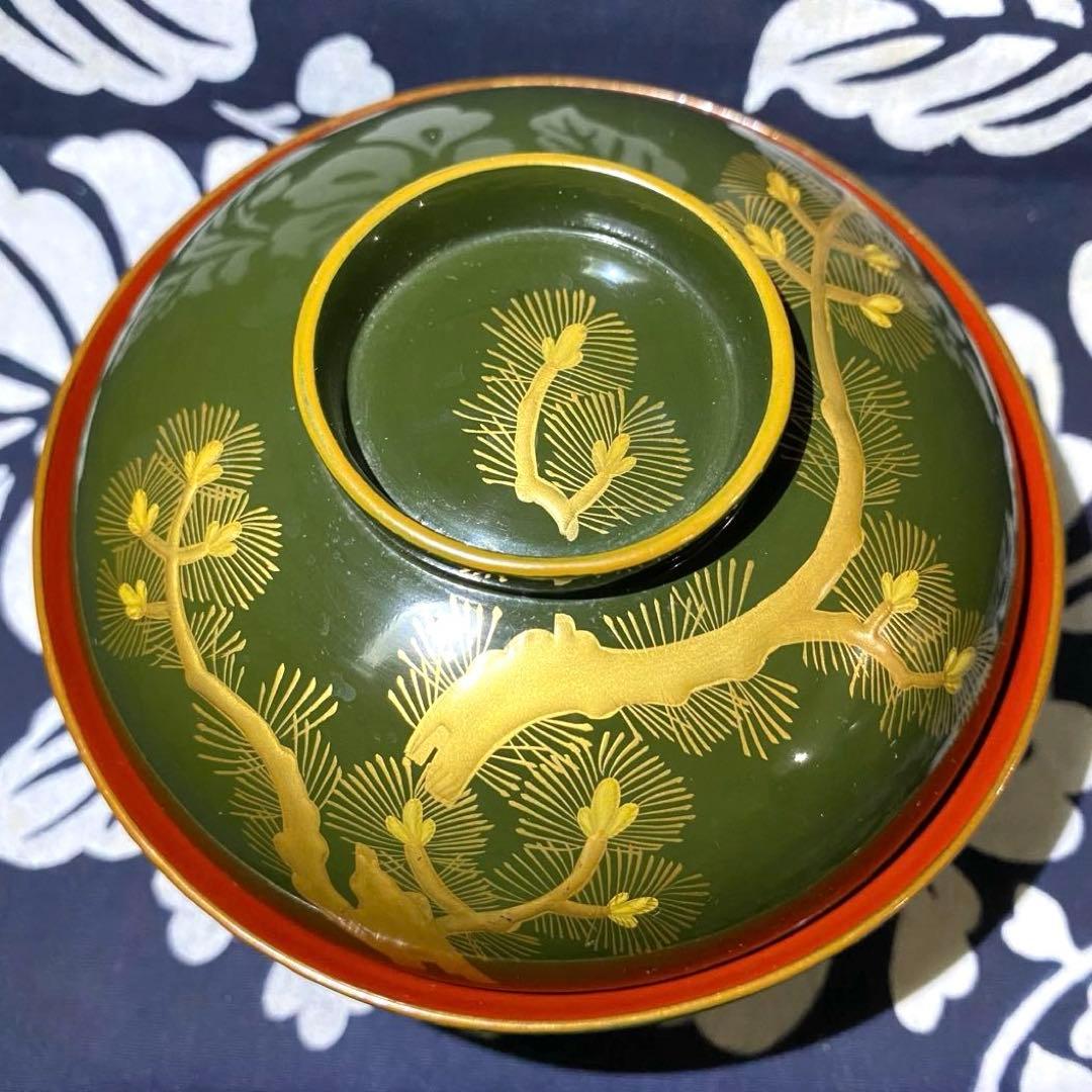 時代物骨董　大正以前　青漆吸物椀　天然木本漆　松柄金蒔絵　緑に内朱　懐石椀　五客