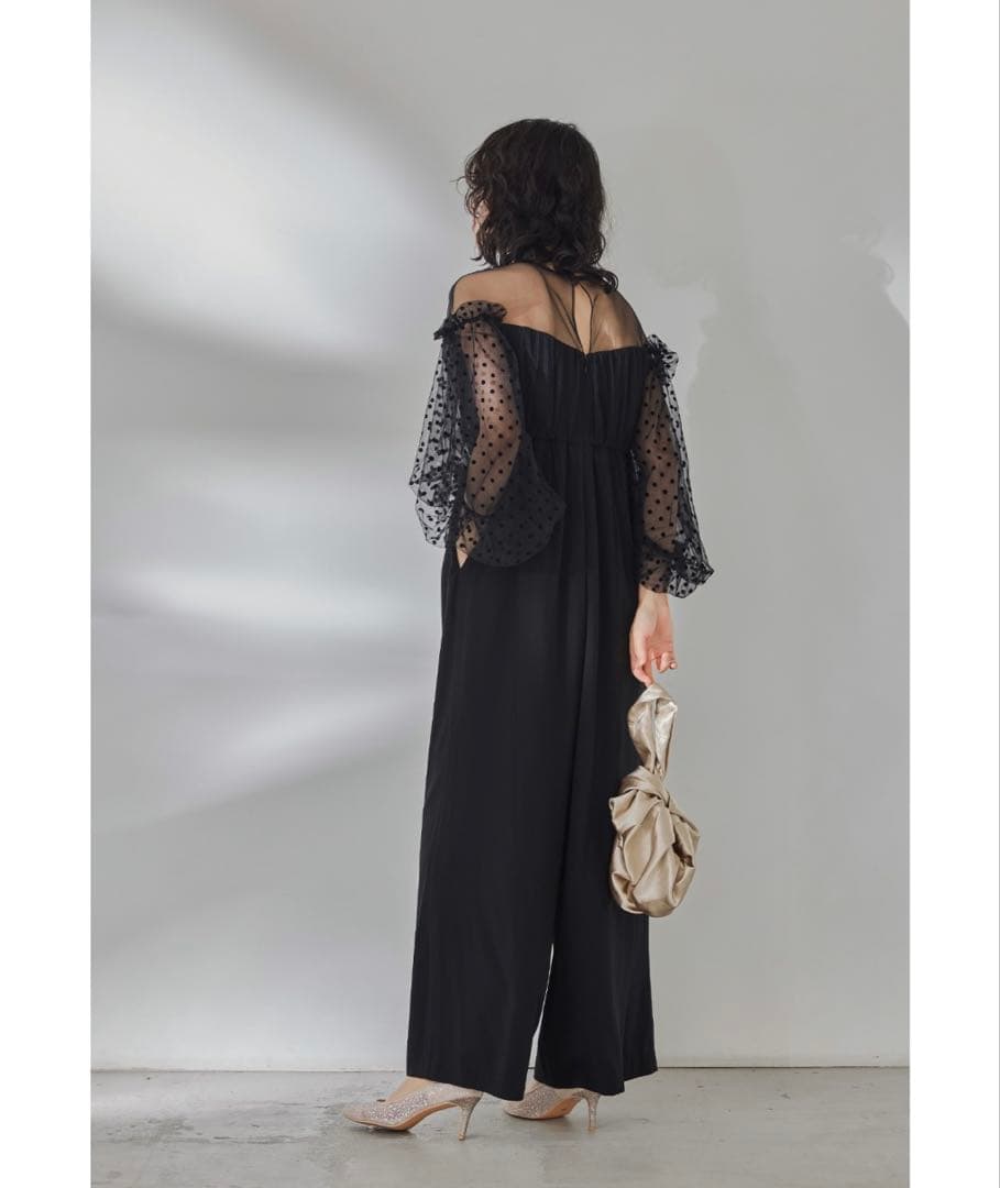 【Sサイズ】ブラック ドット柄 シースルー袖 パーティードレス