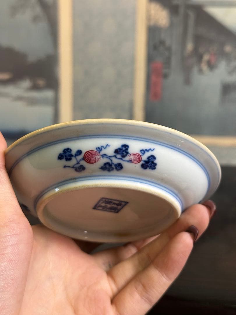 清時代染付小盤 盃托 慶宜堂製 中國古美術 長 10.5cm