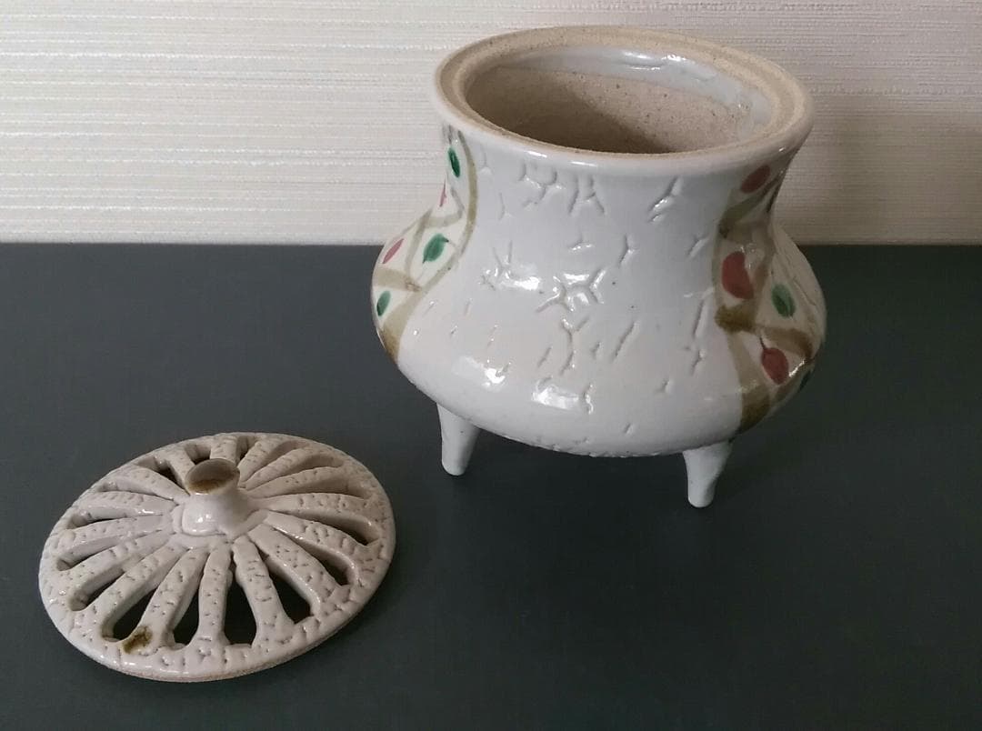 赤絵 香炉　益子焼　松原直之　三ツ足　師 木村一郎