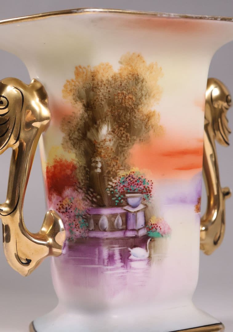 【CM305】オールドノリタケ 湖畔の風景 白鳥 花瓶 15.5cm 耳付 花入