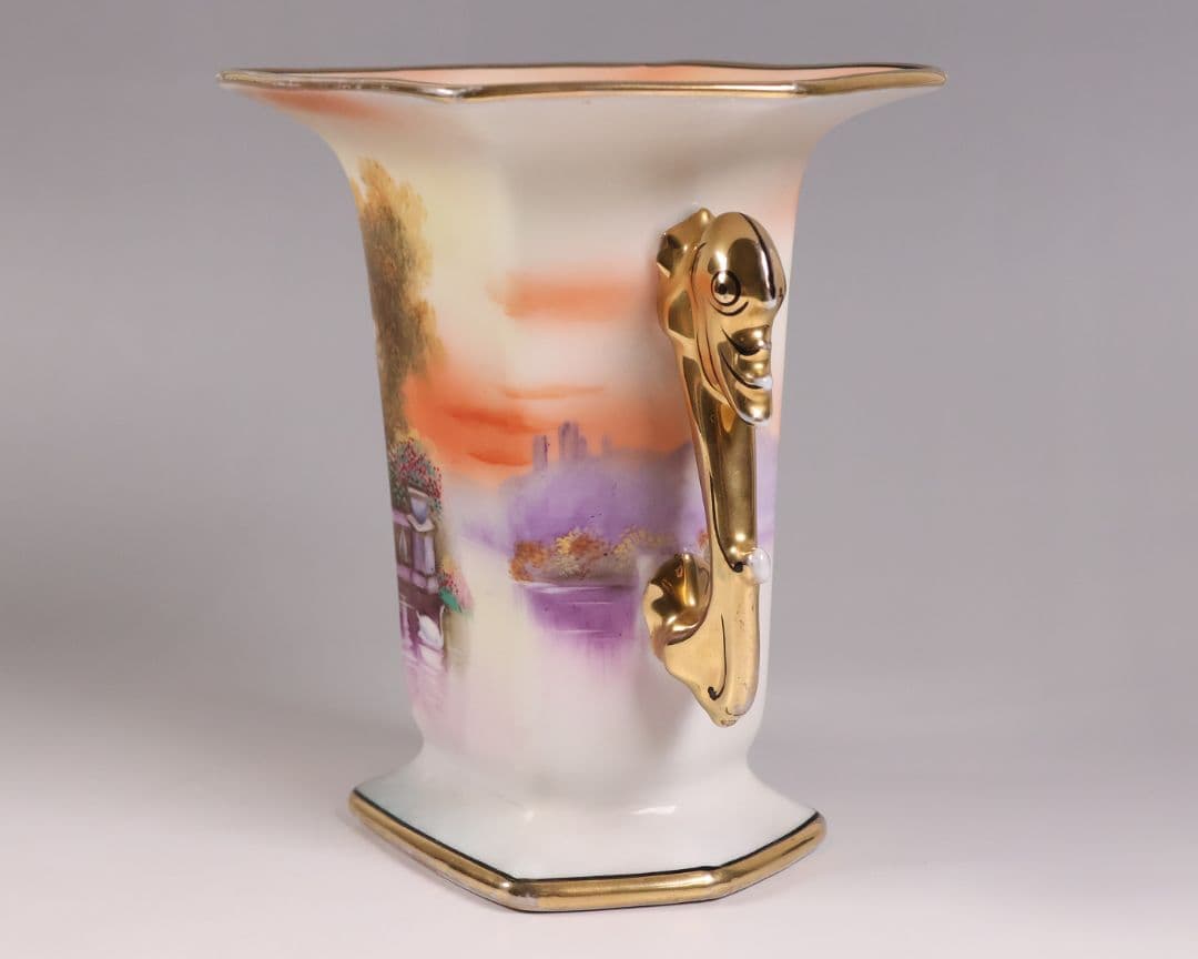 【CM305】オールドノリタケ 湖畔の風景 白鳥 花瓶 15.5cm 耳付 花入