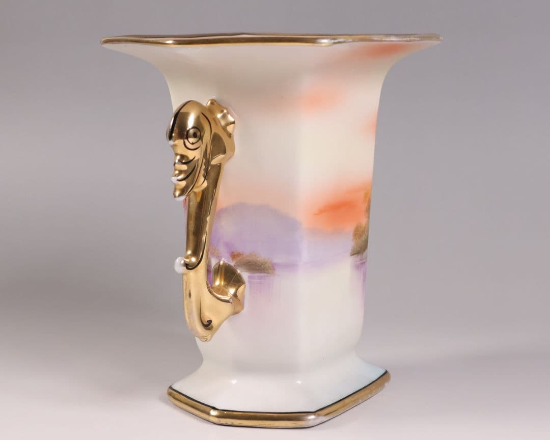 【CM305】オールドノリタケ 湖畔の風景 白鳥 花瓶 15.5cm 耳付 花入