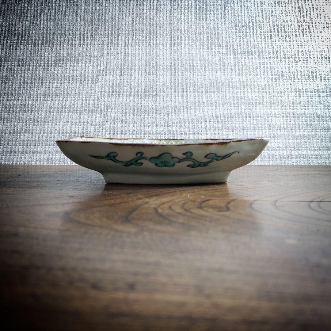 変形皿 角皿 舟形 古九谷 色絵付 鳥 梅 明治 大正 銘 角福 欠け ハ号