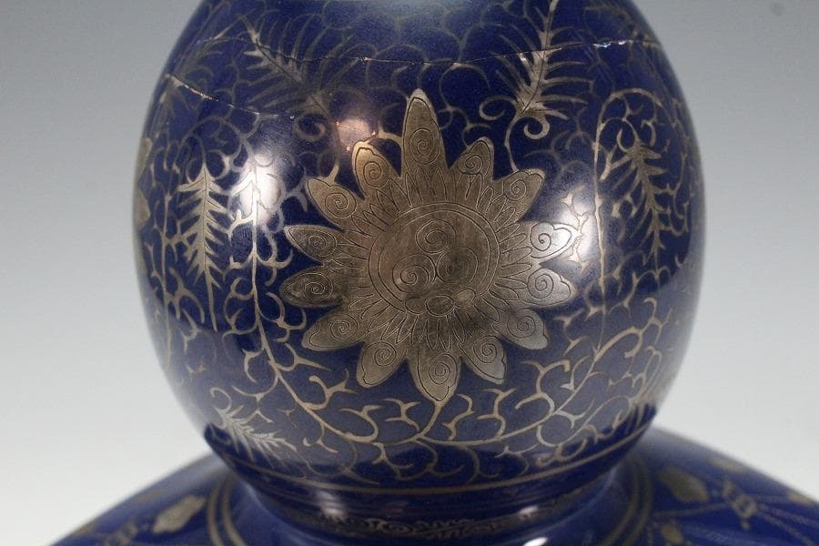 中国美術 瑠璃釉 銀彩 纏枝蓮花鳳紋 瓢瓶(K-XA832)