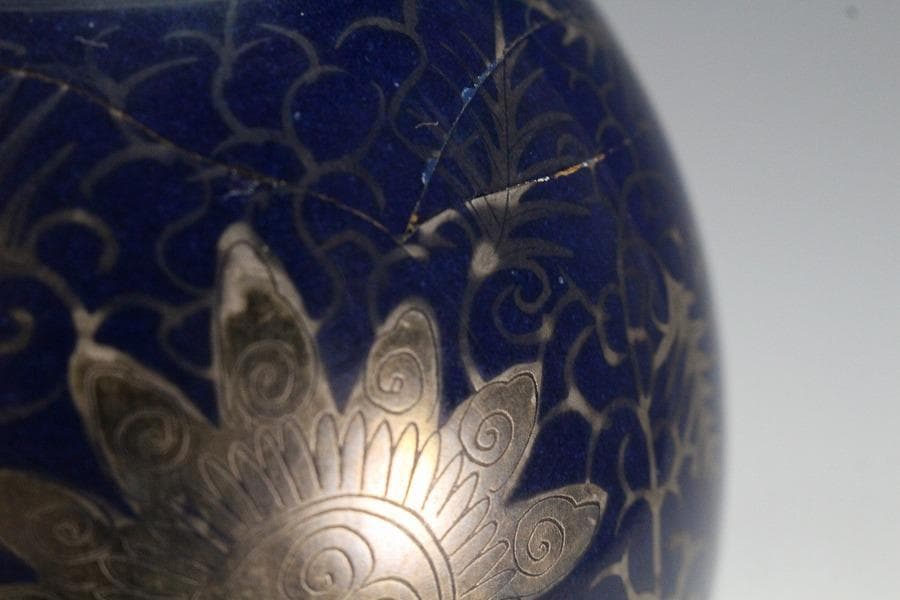 中国美術 瑠璃釉 銀彩 纏枝蓮花鳳紋 瓢瓶(K-XA832)