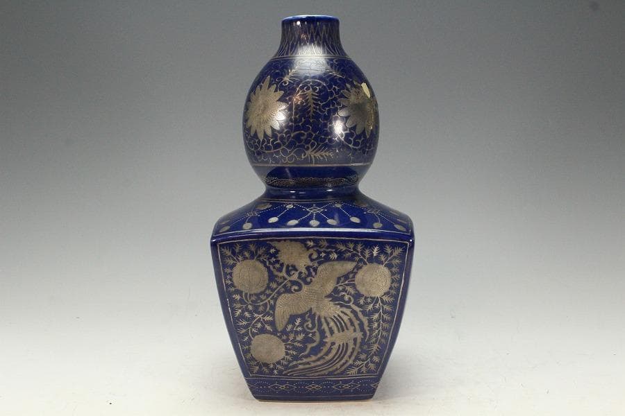 中国美術 瑠璃釉 銀彩 纏枝蓮花鳳紋 瓢瓶(K-XA832)