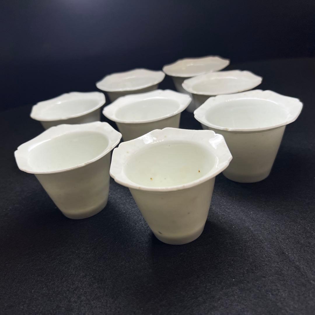 江戸初期~中期　柿右衛門白磁輪花猪口8客　状態良　木箱付　東Y8-0114☆2F