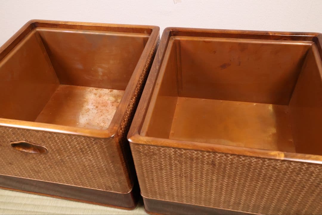 平安 象彦造 桑 網代 角形 火鉢 一対 幅32cm 古民具 木製【MB105】