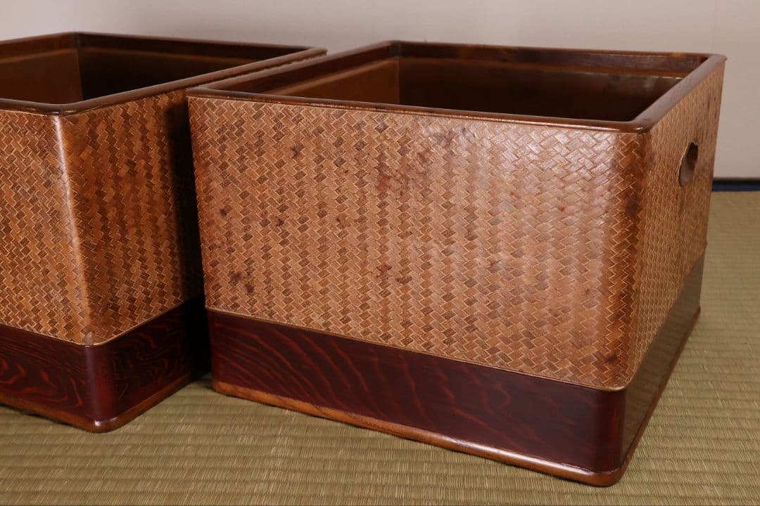 平安 象彦造 桑 網代 角形 火鉢 一対 幅32cm 古民具 木製【MB105】