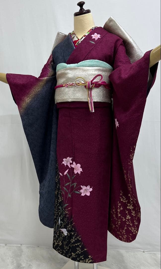 振り袖　フルセット　長襦袢付　金彩加工　希少銀無地両面全通袋帯　535