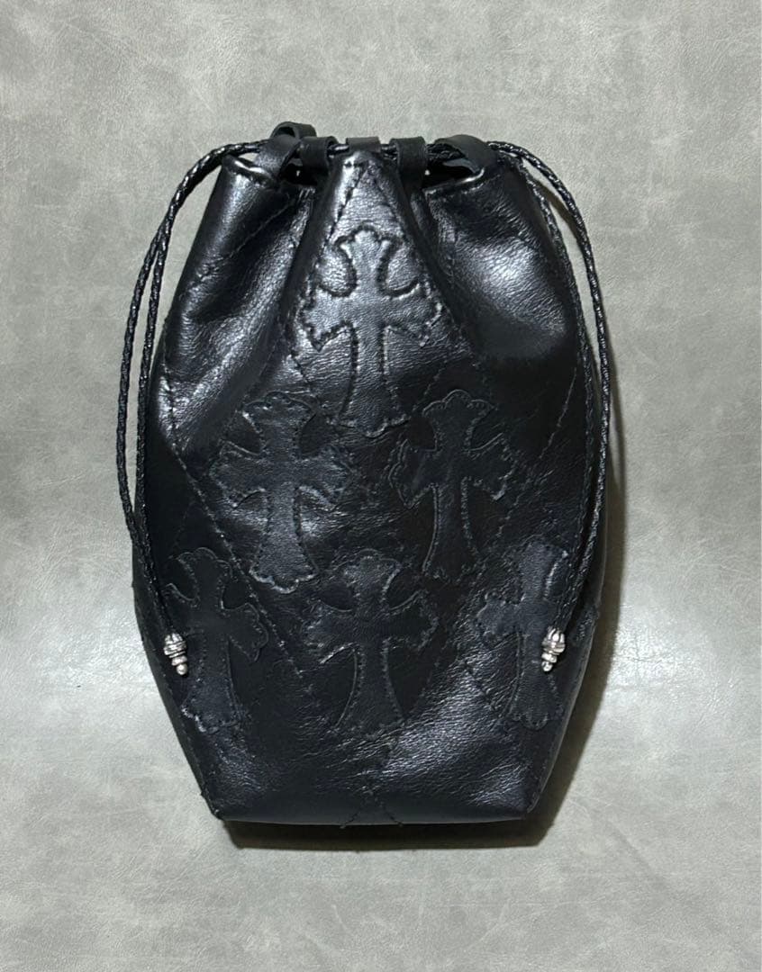 レザー巾着　クロスパッチ、キルティング