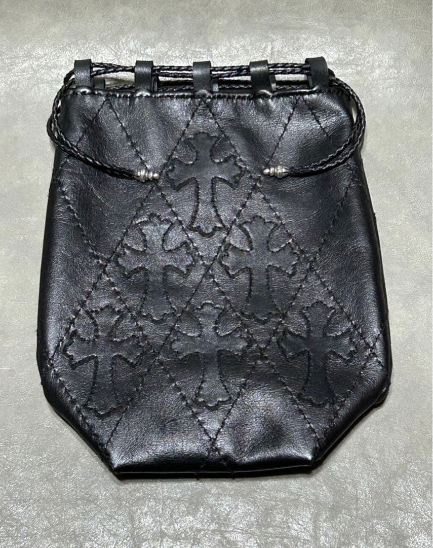 レザー巾着　クロスパッチ、キルティング