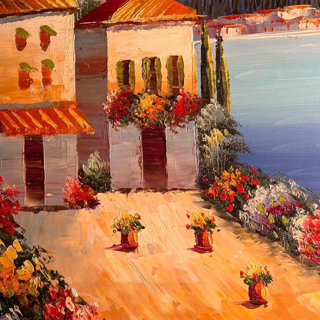 （大型）手書き油絵 地中海の風景 肉筆絵画 インテリア 油彩画