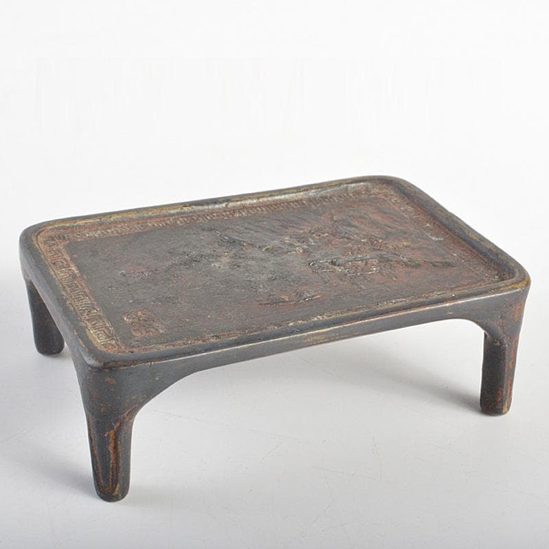 佐渡銅器　本間琢斎　蝋型鋳銅　山水文　墨床　書道具　V　R7028