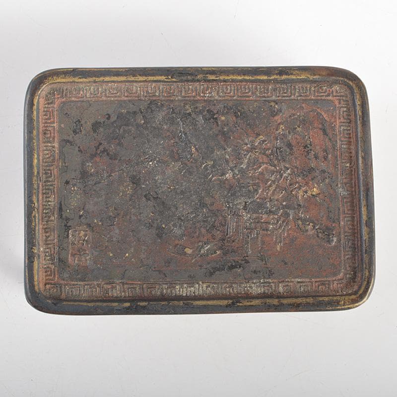 佐渡銅器　本間琢斎　蝋型鋳銅　山水文　墨床　書道具　V　R7028