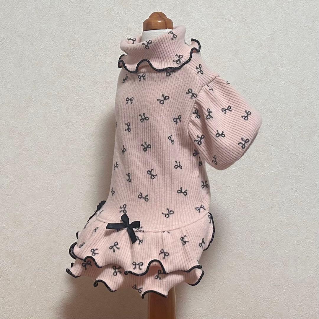 犬服ハンドメイド　起毛リブ　パフスリーブワンピ