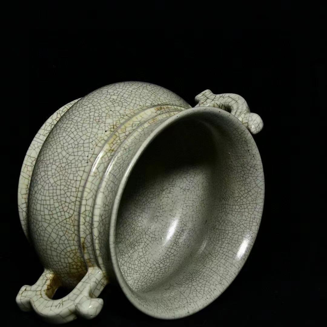 中国古美術・旧蔵の陶磁器双耳炉・12x25・茶道具・案頭・置物・文房具・香道具