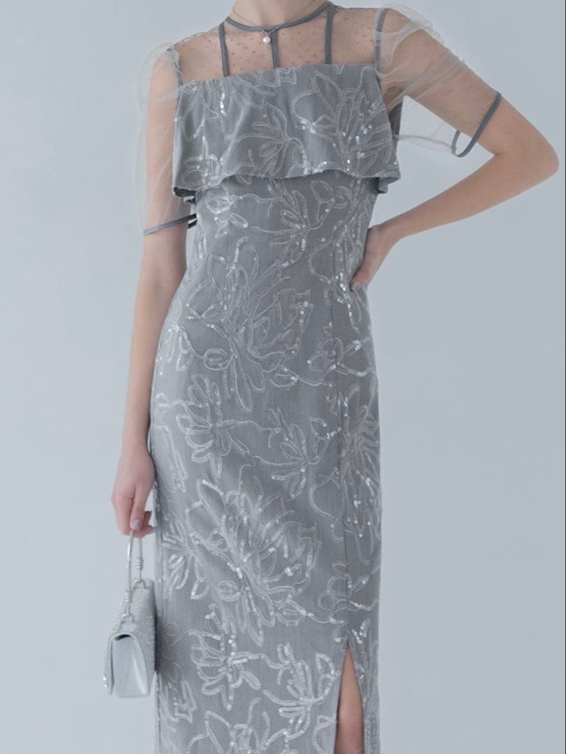 ドットチュールフラワースパンコールIラインワンピースドレス結婚式二次会パーティー