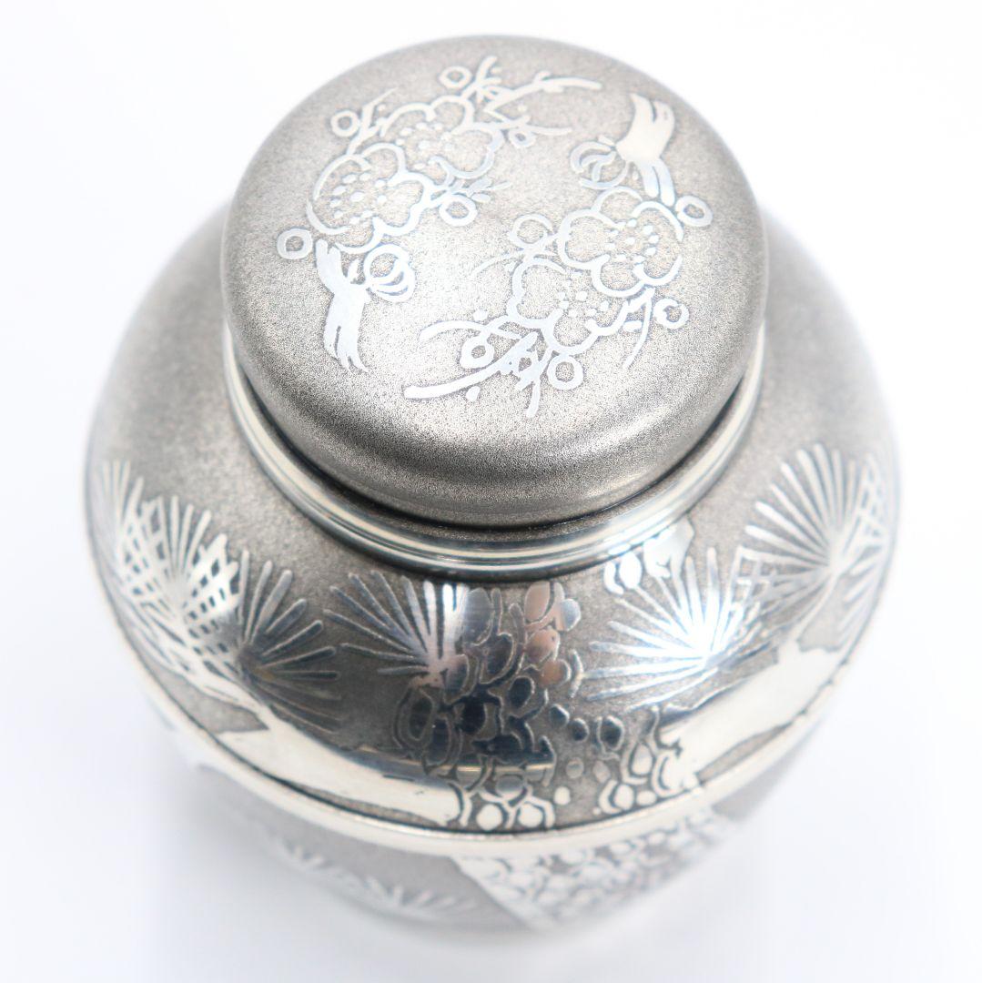 乾茂號造 錫製茶壺 本錫 茶心壺 歳寒三友図 松竹梅 煎茶道具　OJ71