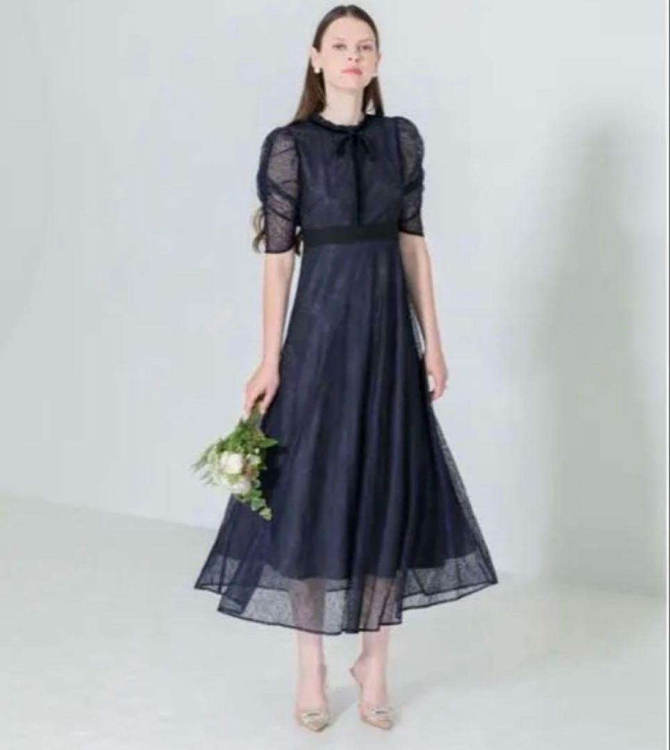 leja レジャ　ウエストマークパフスリーブ総レースロングドレスワンピース