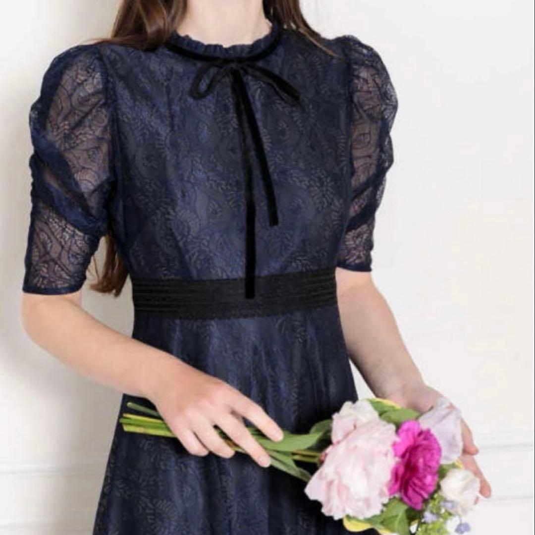 leja レジャ　ウエストマークパフスリーブ総レースロングドレスワンピース