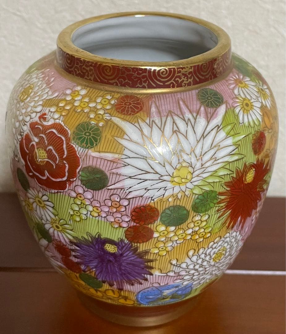 丸十　◯十　薩摩焼　薩摩藩　マーク　色絵金襴手花詰 花瓶　骨董　大変希少