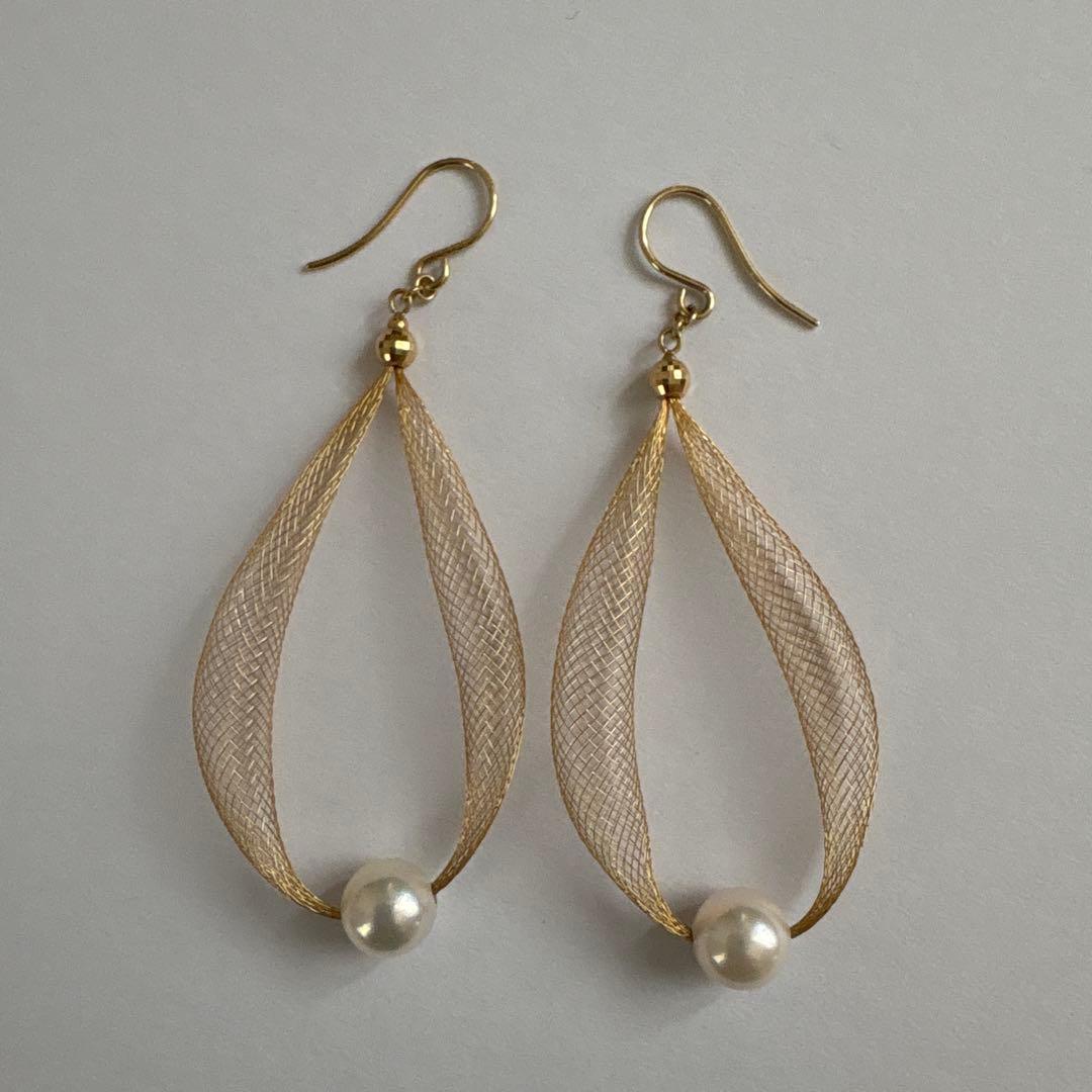 18金メッシュリーフ型パールピアス