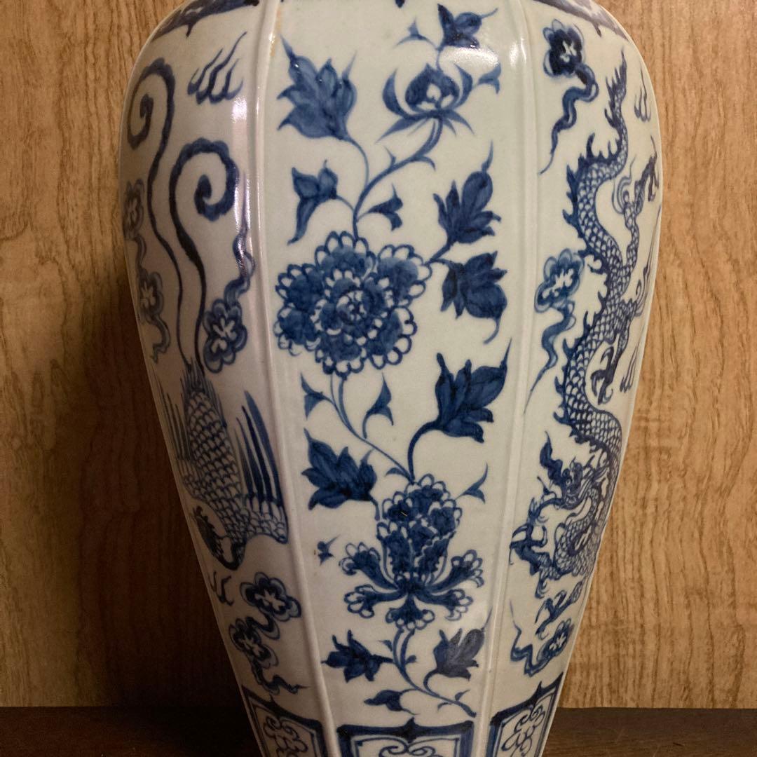 中国　染付　面取瓶　龍鳳花之図