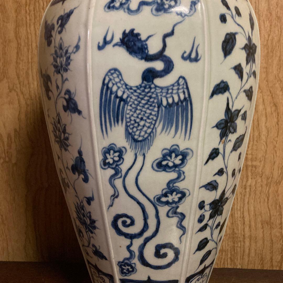 中国　染付　面取瓶　龍鳳花之図