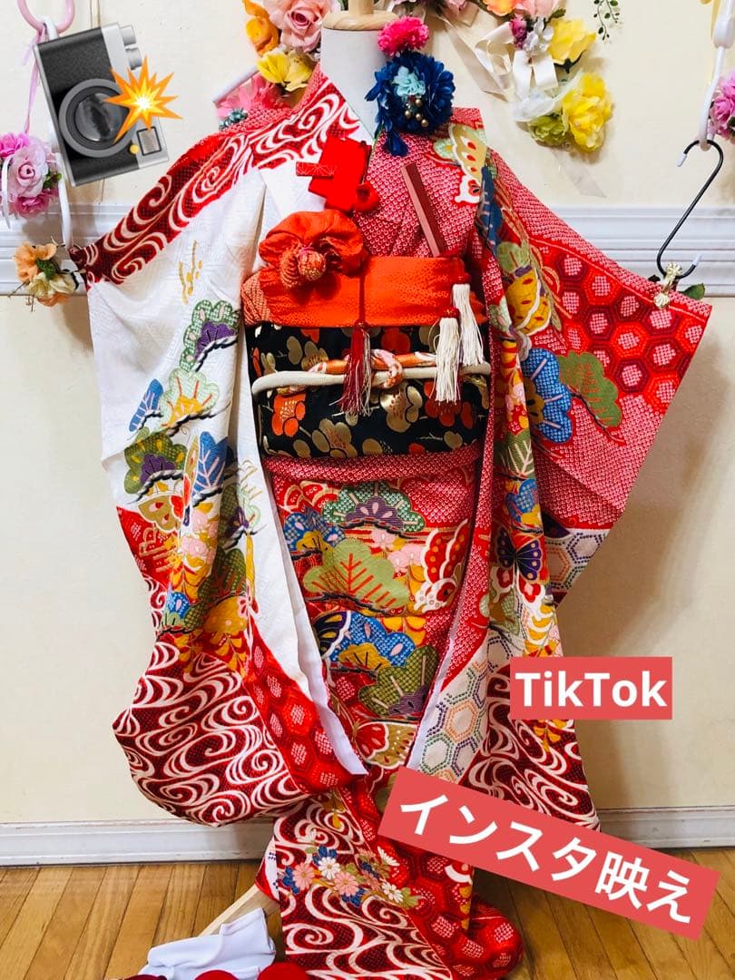 七五三七歳❣️豪華絞り柄アシメトリ花金彩⭐︎正絹全通袋帯刺繍煌びやか⭐︎完全フルセット