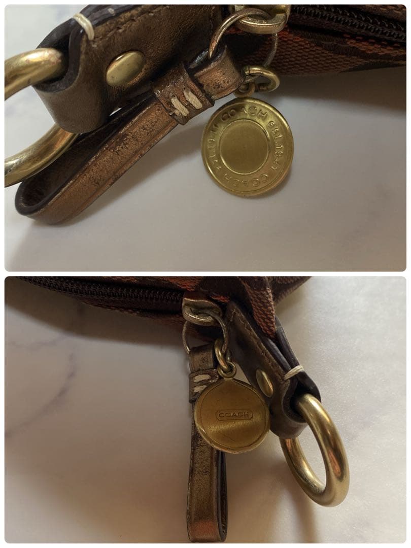 コーチ アクセサリーポーチ ミニハンドバッグ シグネチャー キャンバス 茶