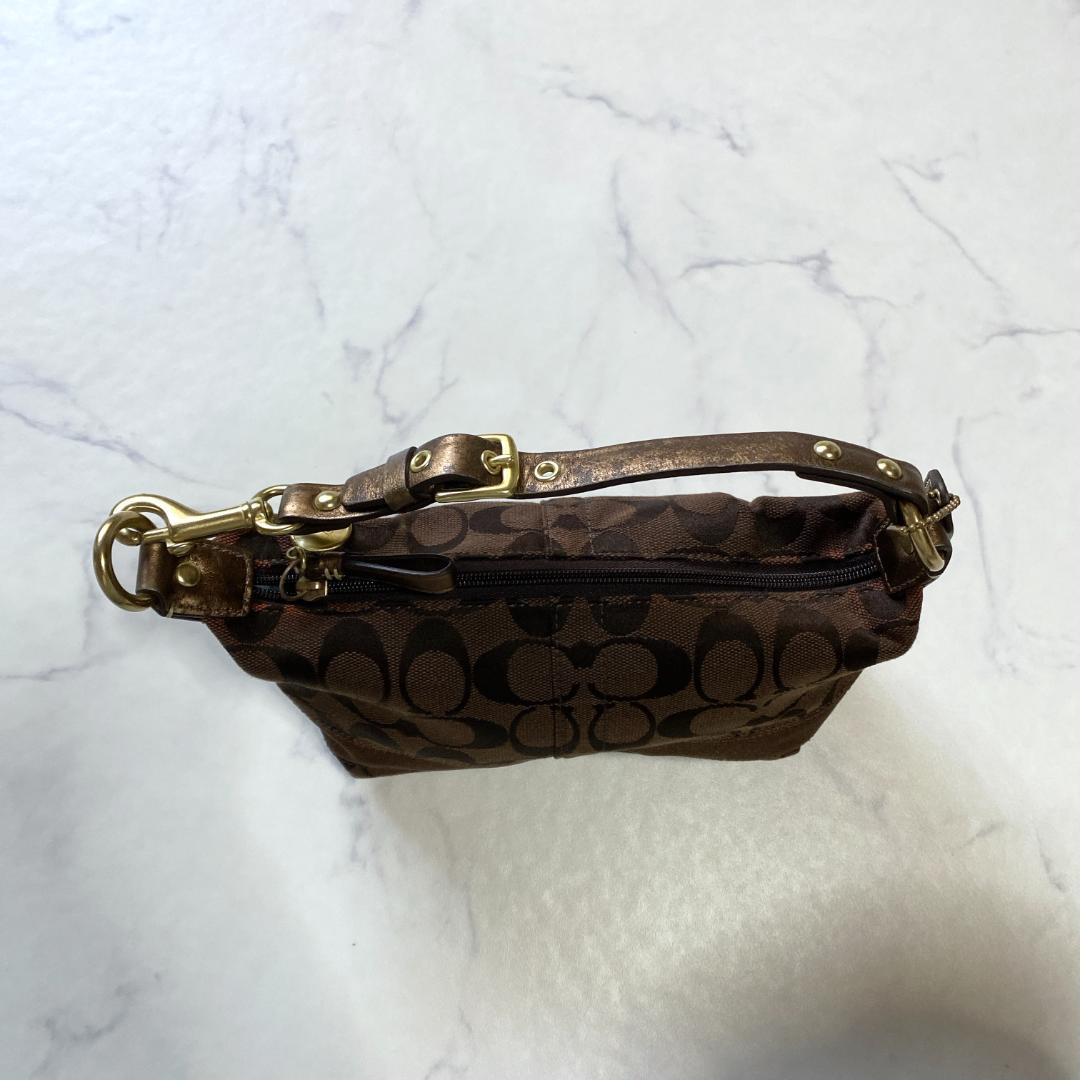 コーチ アクセサリーポーチ ミニハンドバッグ シグネチャー キャンバス 茶