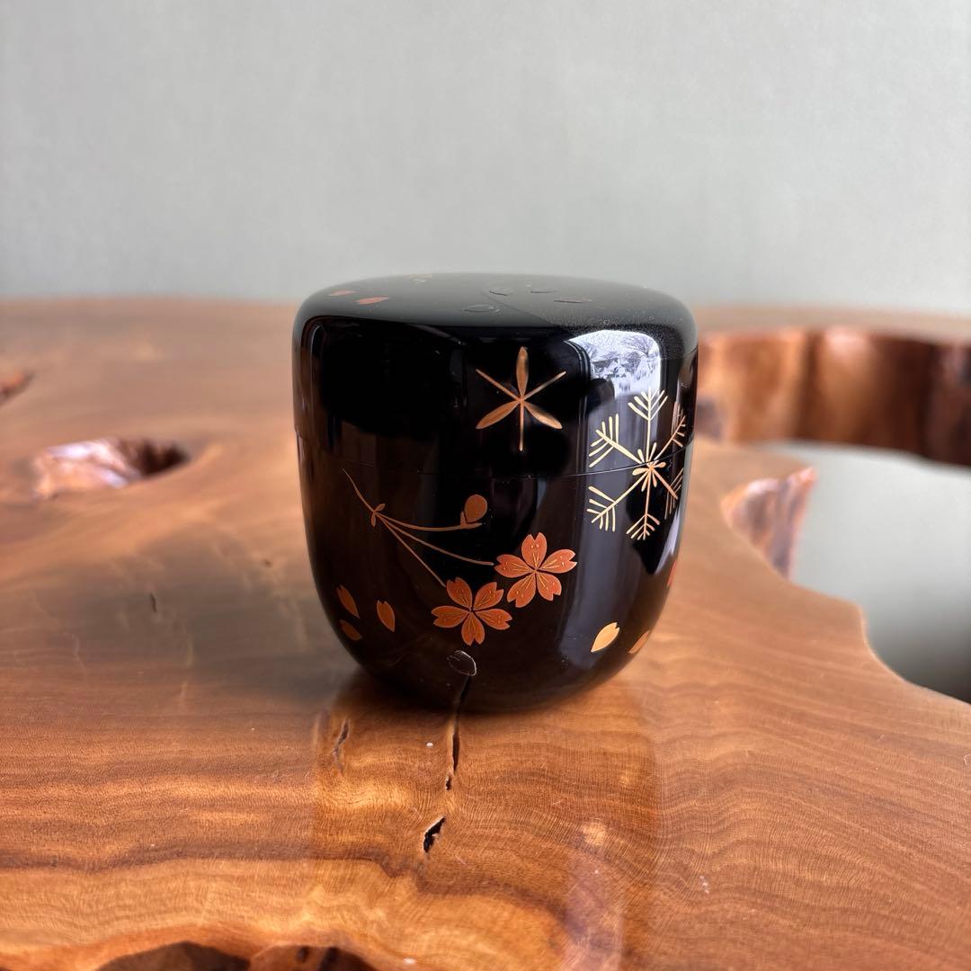 雪蒔絵 棗 竹仙造 桜 雪 螺鈿細工 茶道具 共箱(蓋なし)