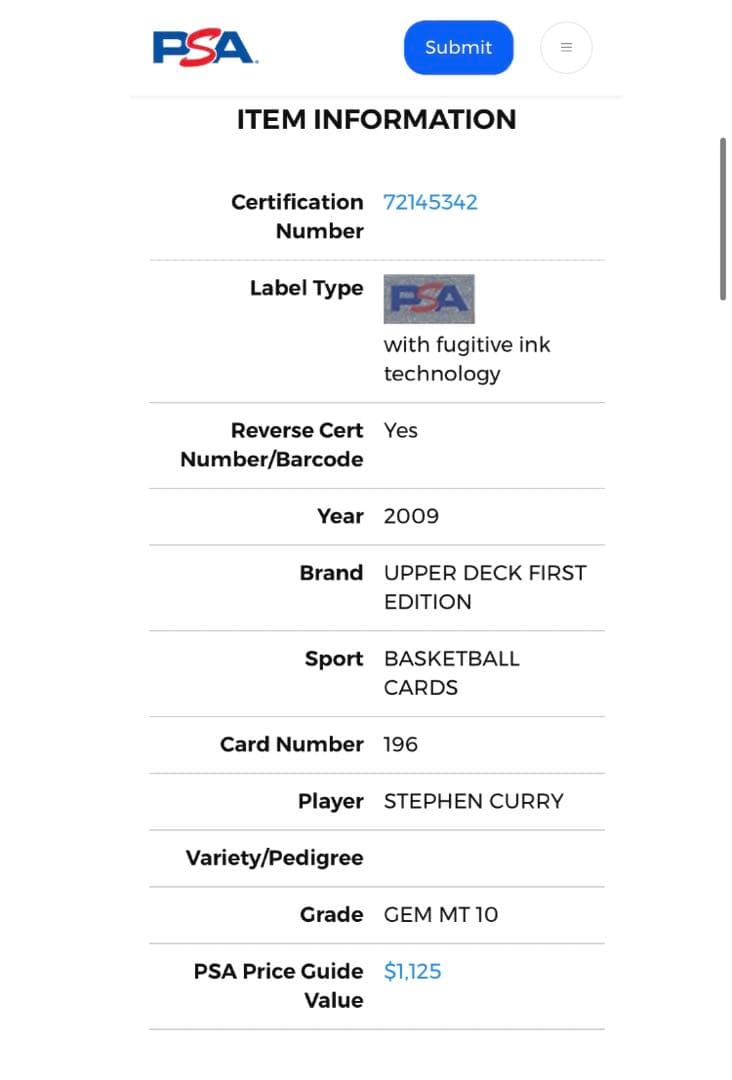 NBAカード　Stephen Curry Rookie PSA 10