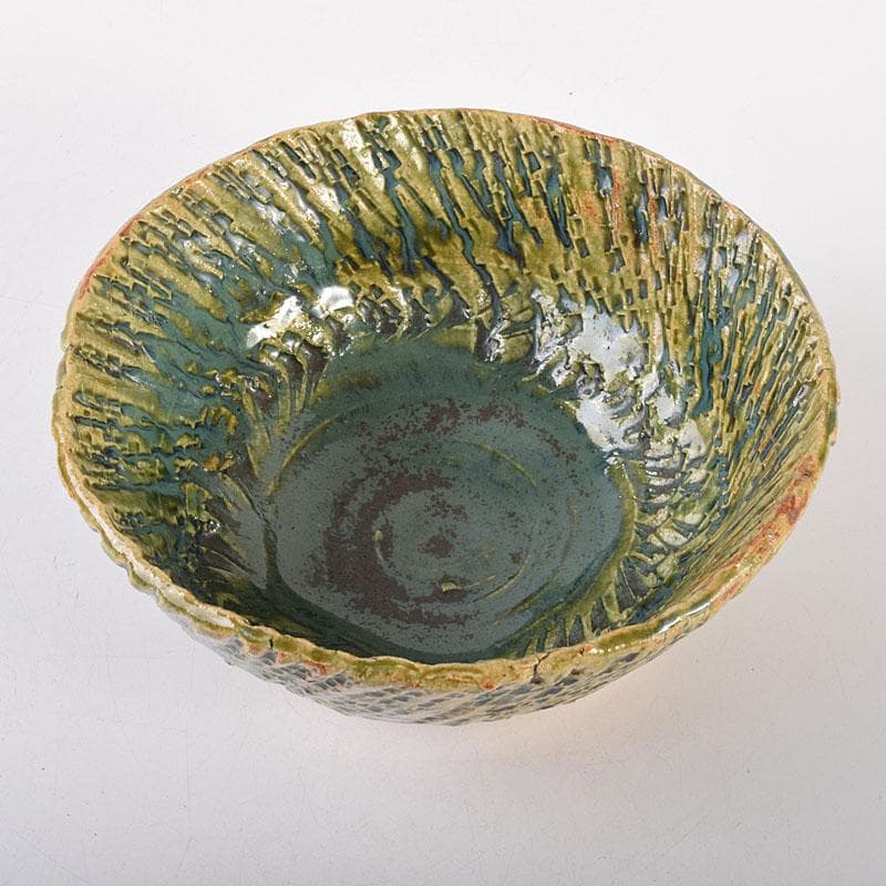 織部焼　加藤重高作　たたき出し　鉢　仕覆付　共布共箱　C　7000