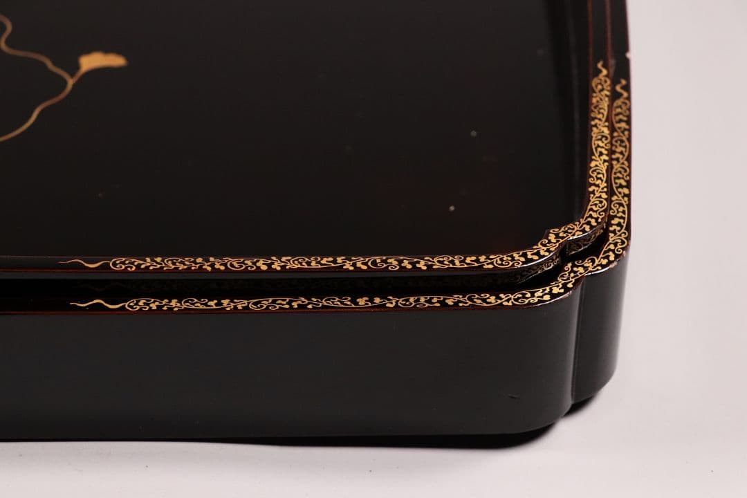 瓢箪雀蒔絵 広盆 大小一組 黒塗 金銀 螺鈿 木製漆器 広蓋 長方盆 花鳥MA9