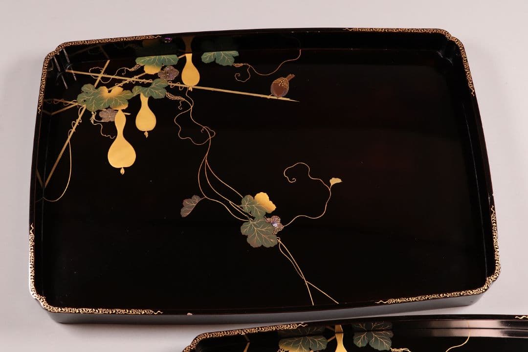 瓢箪雀蒔絵 広盆 大小一組 黒塗 金銀 螺鈿 木製漆器 広蓋 長方盆 花鳥MA9