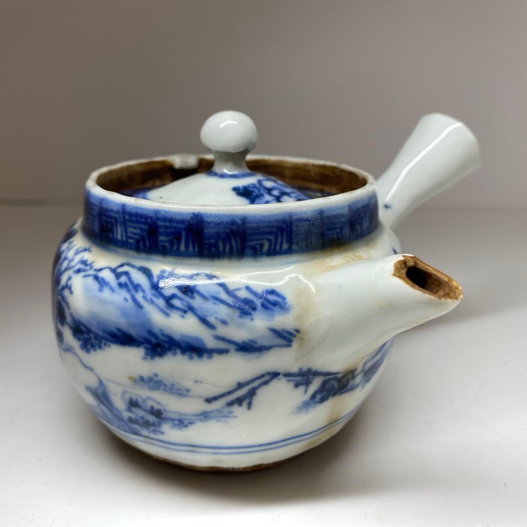 専用青木木米　青花山水画急須取手に銘　　幅約12㎝　東Y7-0116☆2Fトトオ