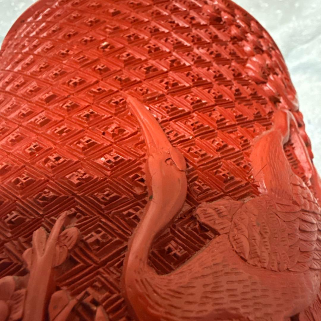 中国美術堆朱彫刻鶴図木製筆立本物保証古唐物／彫漆／堆朱／花紋／煎茶道具／書道具