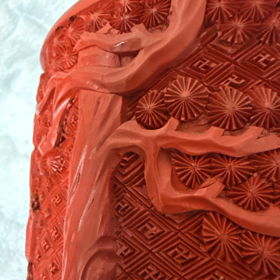 中国美術堆朱彫刻鶴図木製筆立本物保証古唐物／彫漆／堆朱／花紋／煎茶道具／書道具