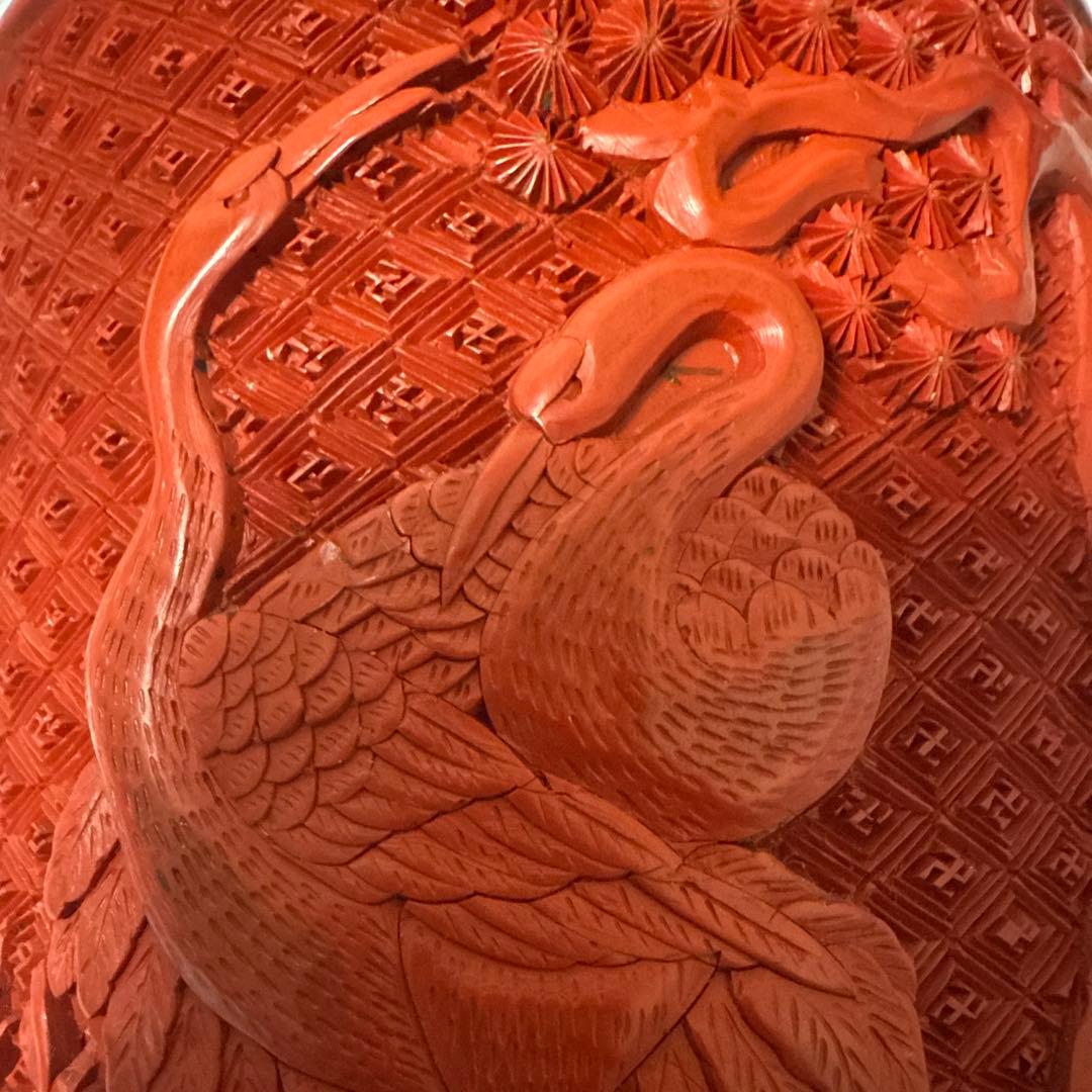 中国美術堆朱彫刻鶴図木製筆立本物保証古唐物／彫漆／堆朱／花紋／煎茶道具／書道具