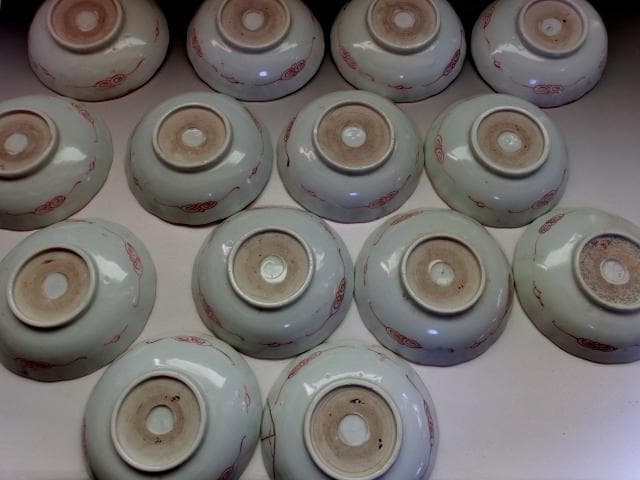 鉢■なます皿14客 赤絵 膾皿 赤絵鉢 窓絵花唐草 蛇の目 明治期 時代物 骨董