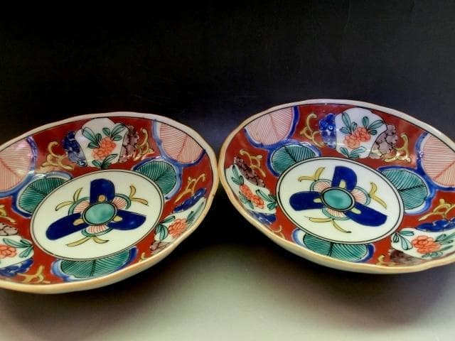 鉢■なます皿14客 赤絵 膾皿 赤絵鉢 窓絵花唐草 蛇の目 明治期 時代物 骨董